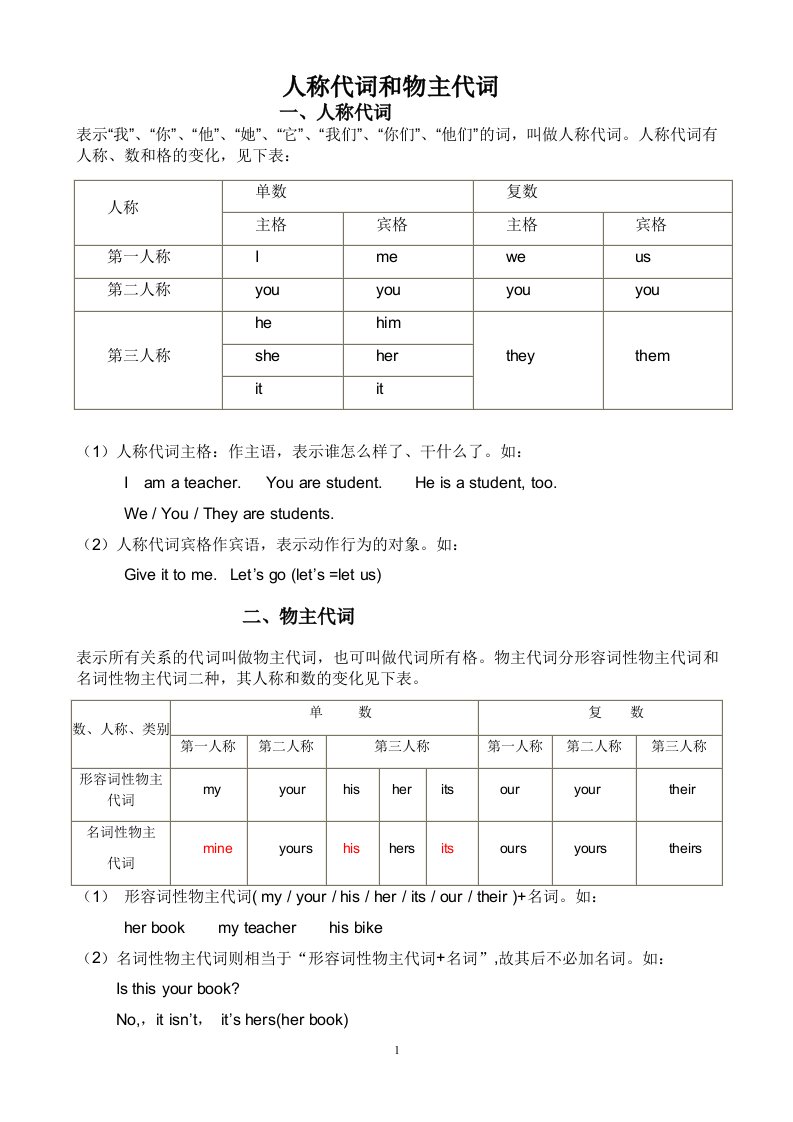 人教版初中英语人称代词和物主代词的表格及练习题