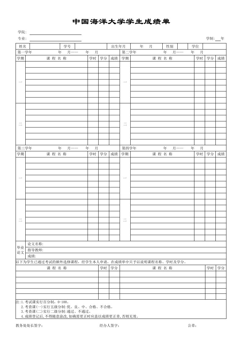 中国海洋大学学生成绩单