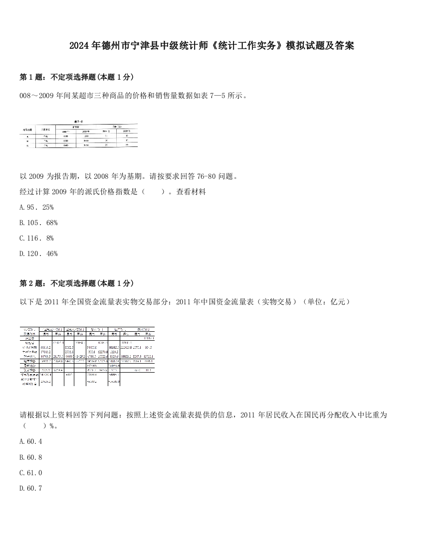 2024年德州市宁津县中级统计师《统计工作实务》模拟试题及答案