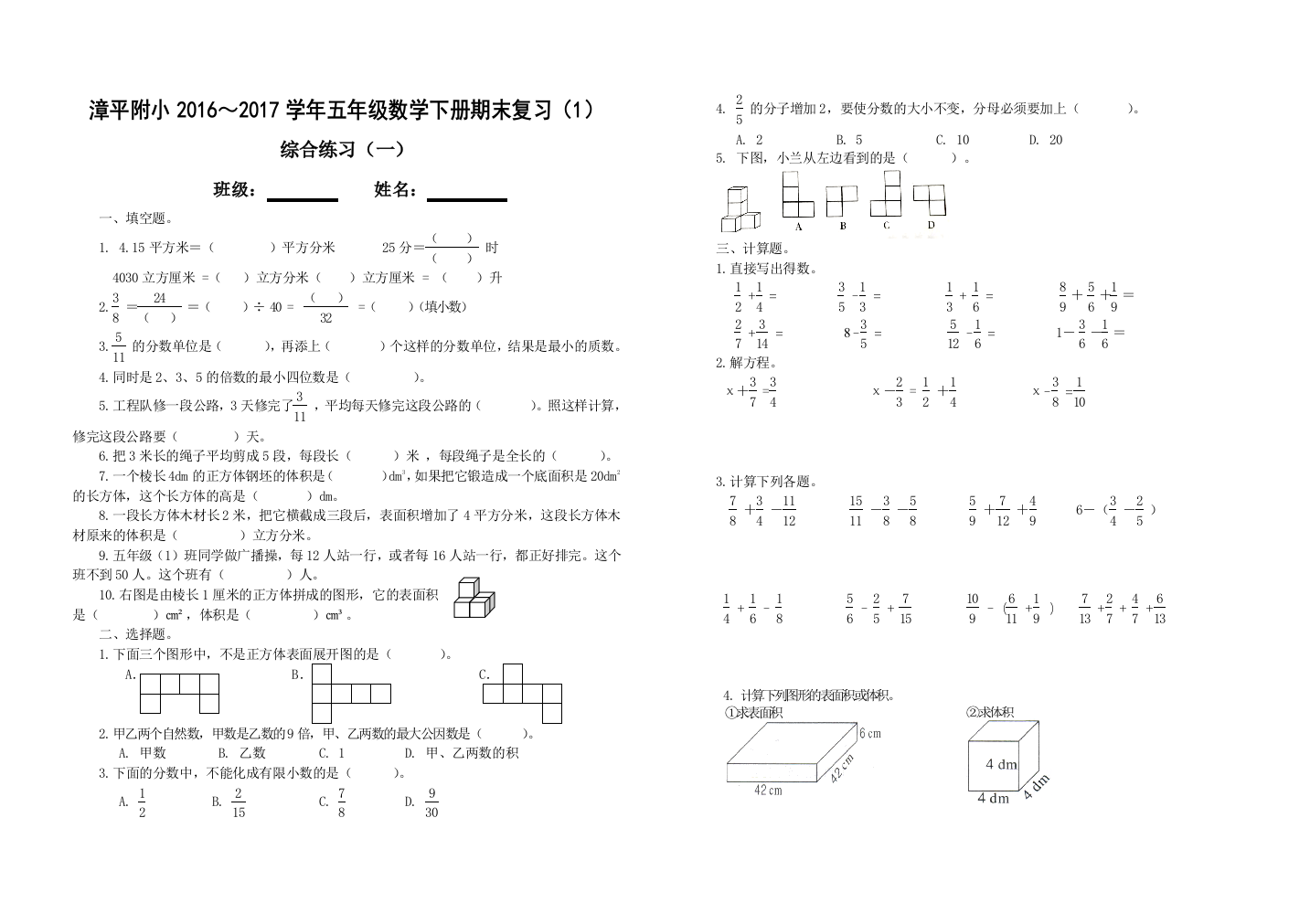 五年级下册精选期末复习试卷