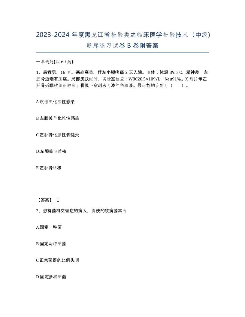 2023-2024年度黑龙江省检验类之临床医学检验技术中级题库练习试卷B卷附答案