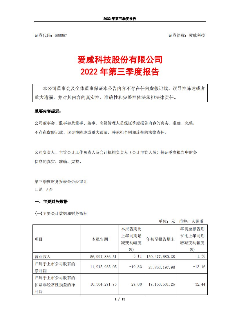 上交所-爱威科技2022年第三季度报告-20221028