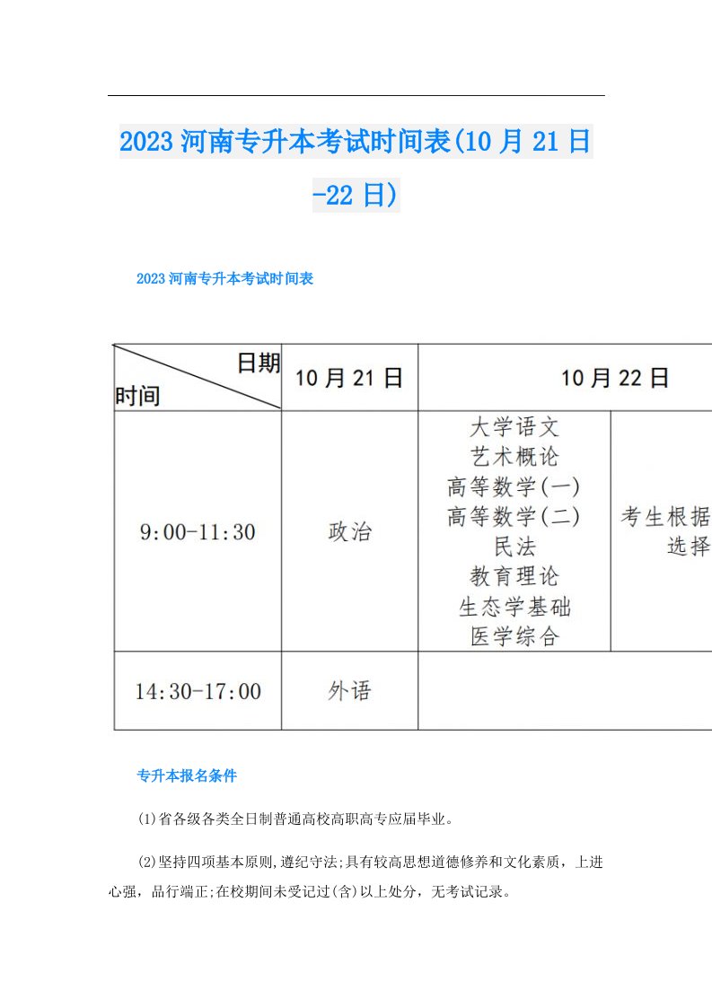 河南专升本考试时间表(10月21日22日)