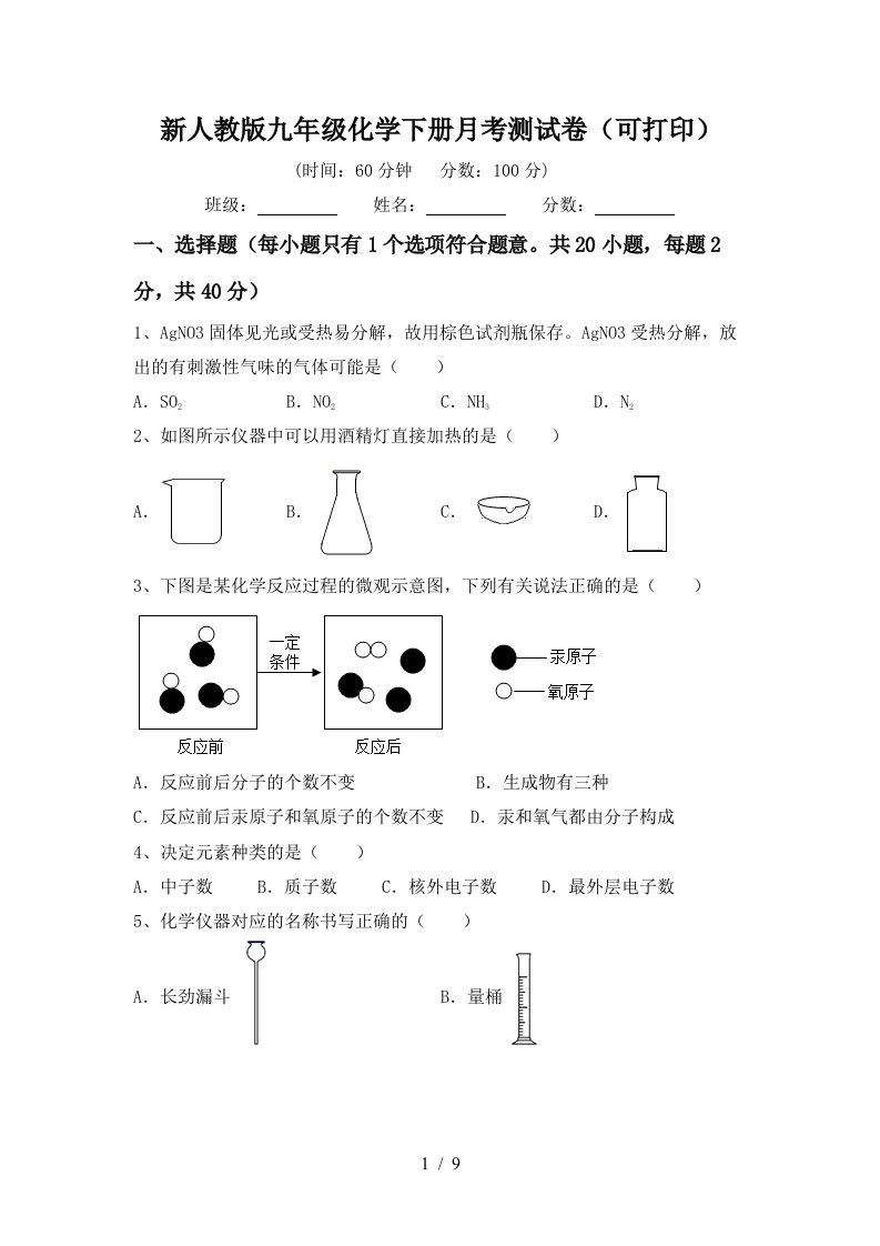 新人教版九年级化学下册月考测试卷可打印