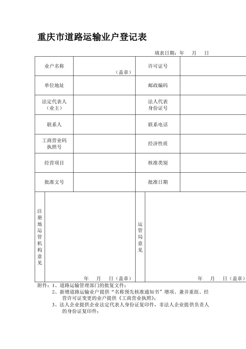 重庆市道路运输业户登记表