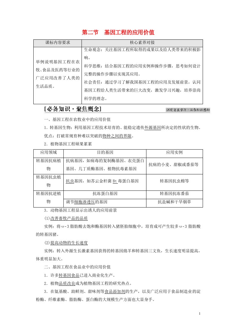 新教材高中生物第3章基因工程第2节基因工程的应用价值教师用书苏教版选择性必修3