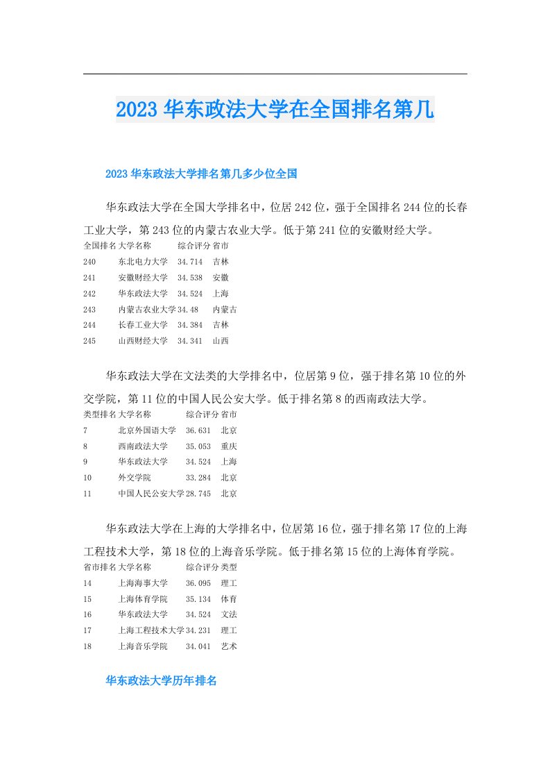 华东政法大学在全国排名第几