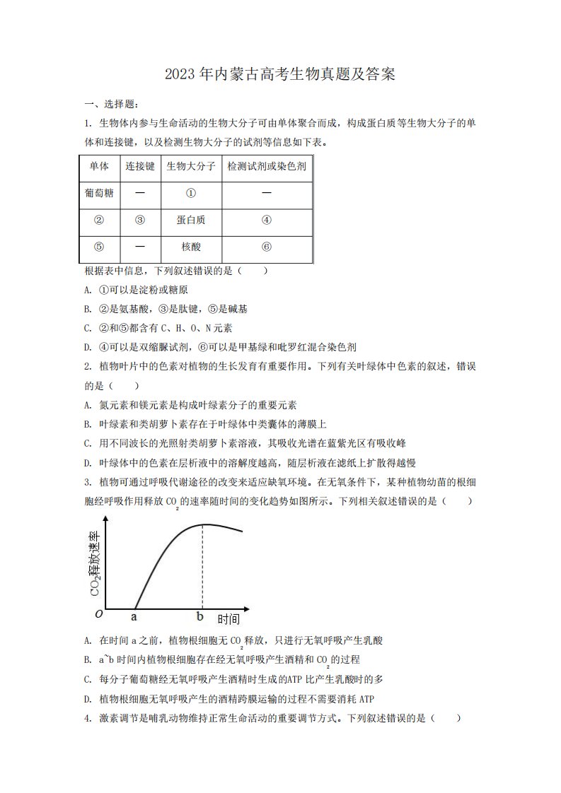 2023年内蒙古高考生物真题及答案