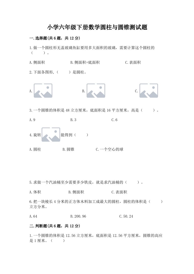 小学六年级下册数学圆柱与圆锥测试题精品（模拟题）