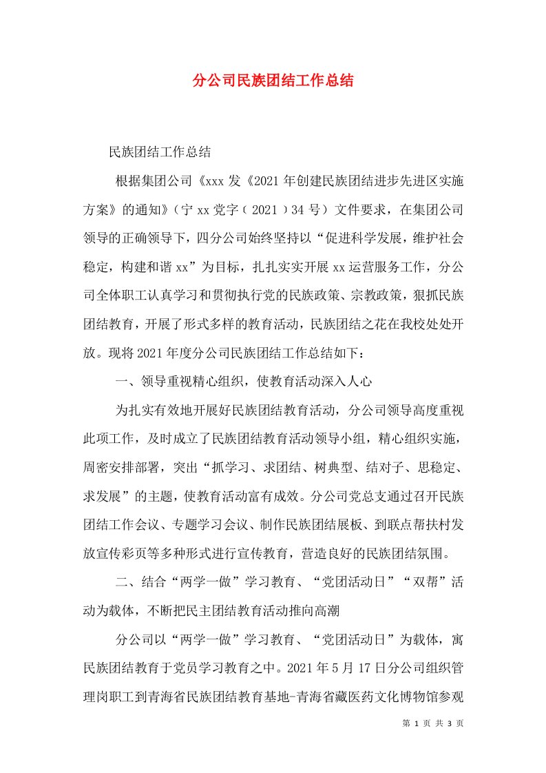 分公司民族团结工作总结（一）