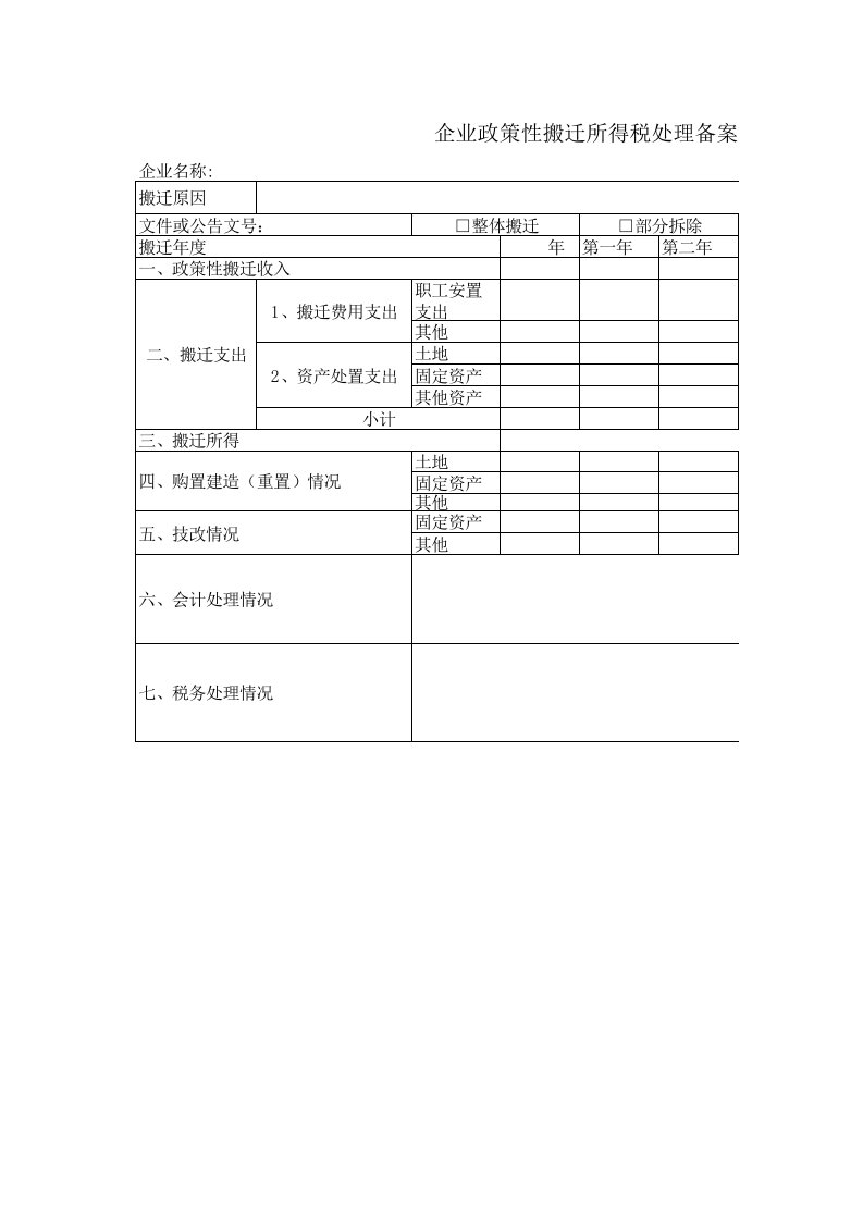 企业政策性搬迁所得税处理备案表