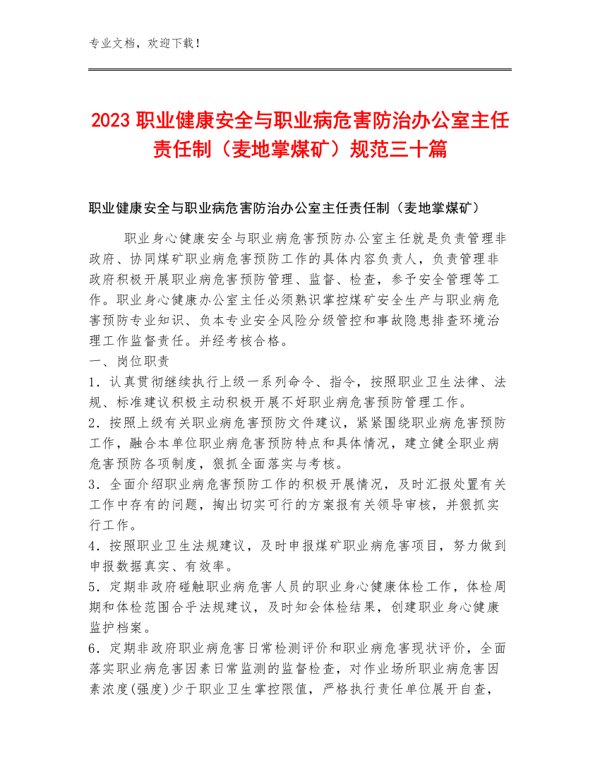 2023职业健康安全与职业病危害防治办公室主任责任制（麦地掌煤矿）规范三十篇