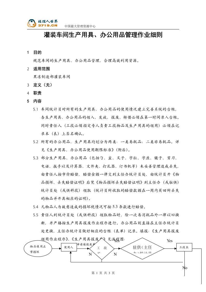 《喜之郎果冻灌装车间生产用具、办公用品管理作业细则》(doc)-作业指导