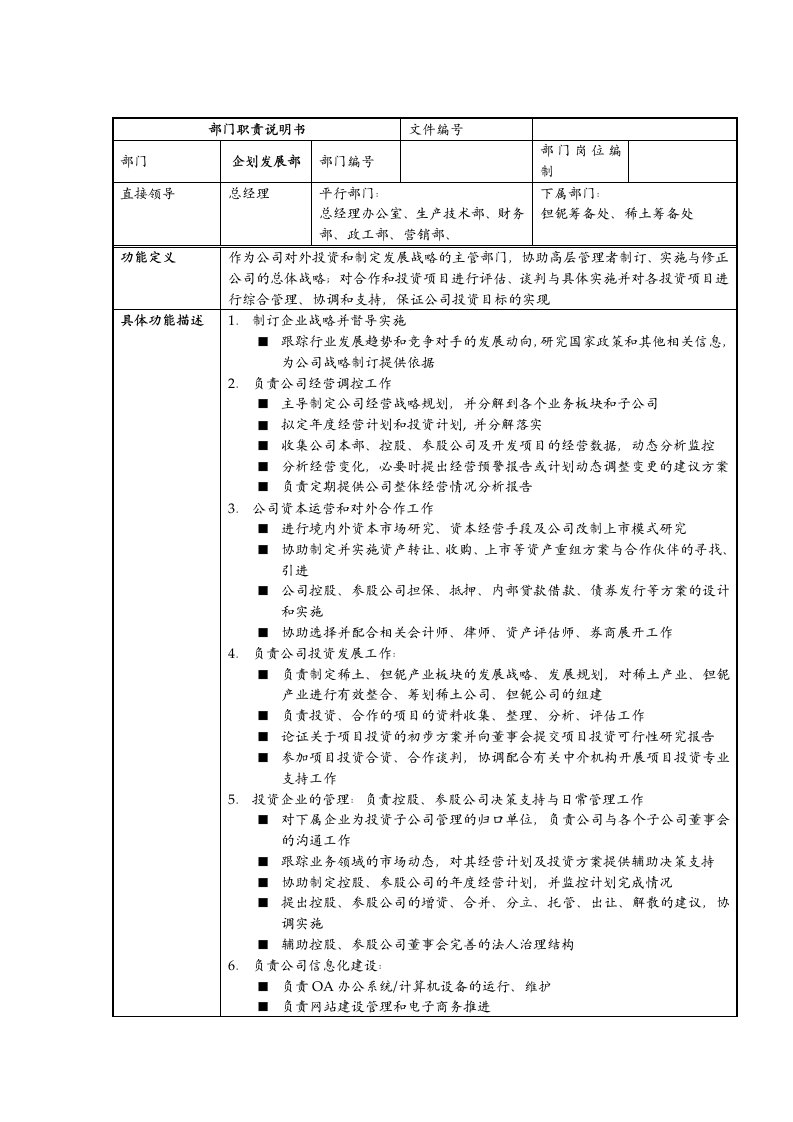 企划方案-企划发展部部门职责说明书