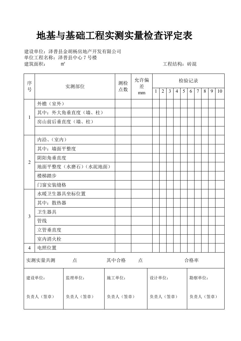 地基与基础工程实测实量检查评定表