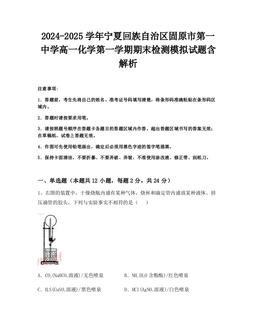 2024-2025学年宁夏回族自治区固原市第一中学高一化学第一学期期末检测模拟试题含解析