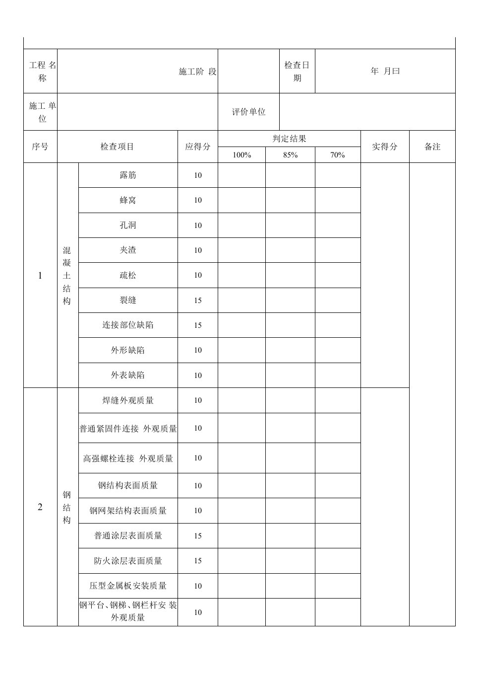 结构工程观感质量评分表