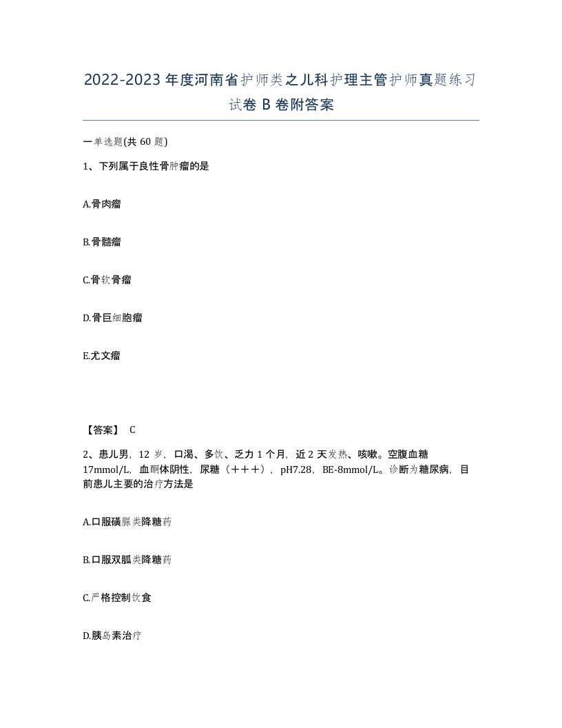 2022-2023年度河南省护师类之儿科护理主管护师真题练习试卷B卷附答案