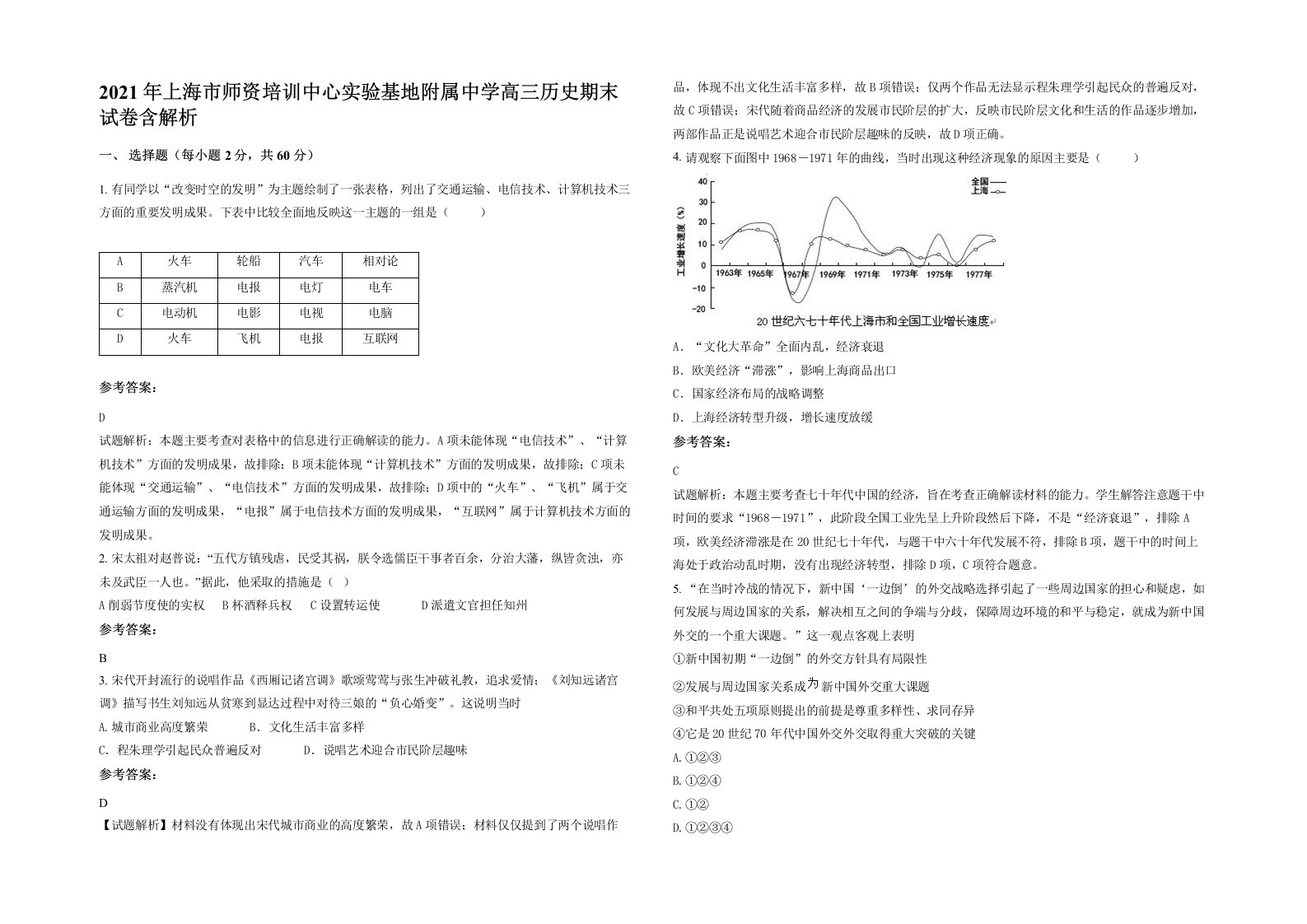 2021年上海市师资培训中心实验基地附属中学高三历史期末试卷含解析