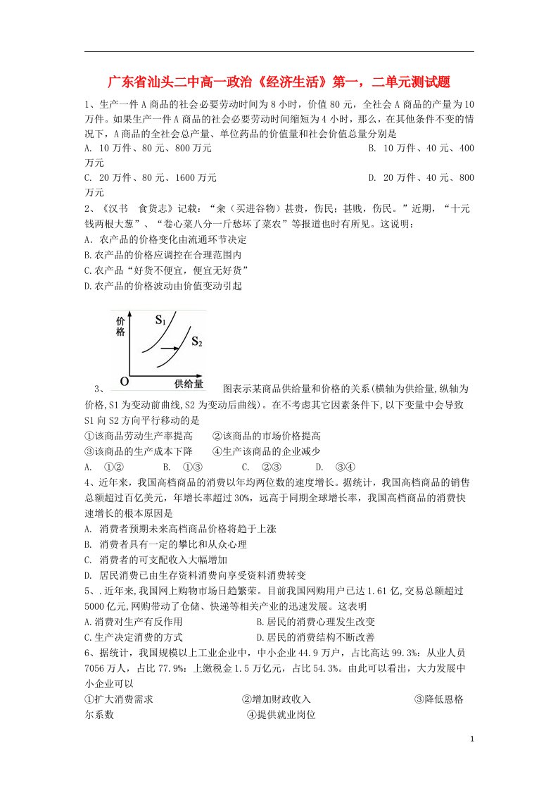 广东省汕头市高一政治《经济生活》第一单元测试题之二