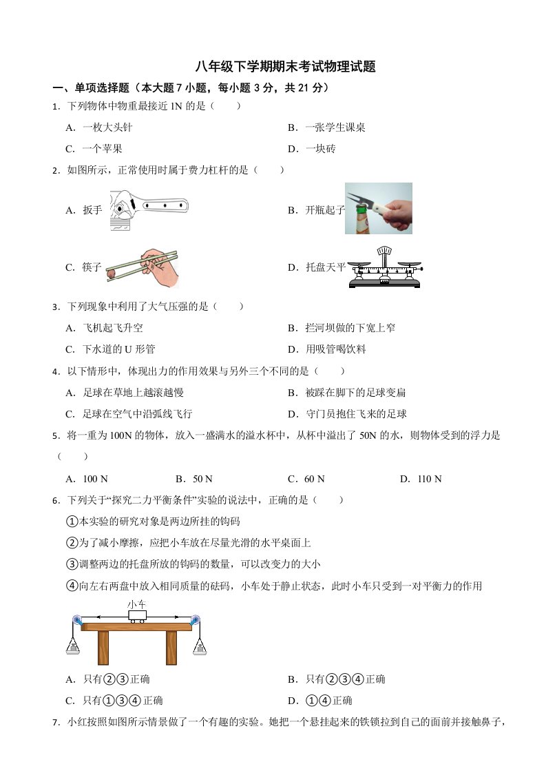 广东省湛江市2024年八年级下学期期末考试物理试题附答案