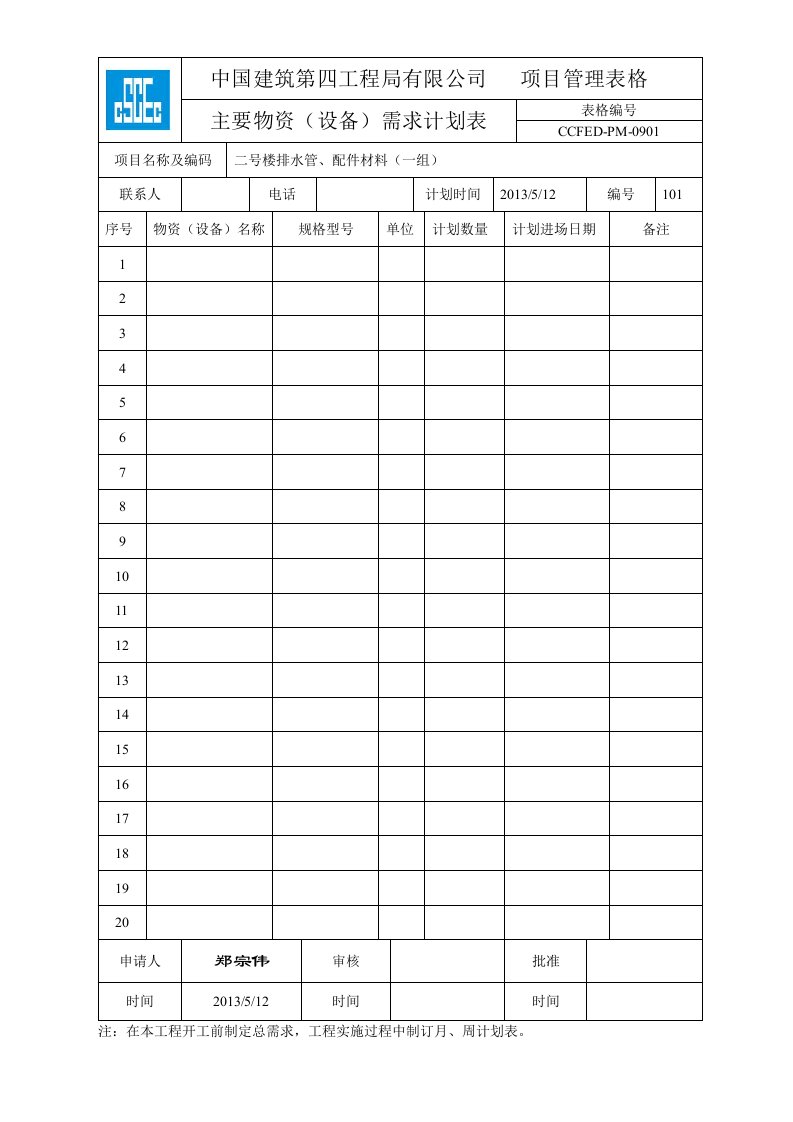 中国建筑第四工程局有限公司项目管理表(三)格