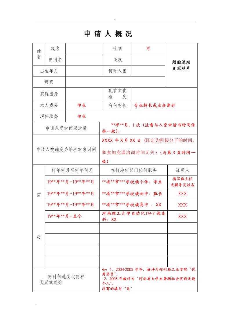 申请入党积极分子培养考察登记表(模板)