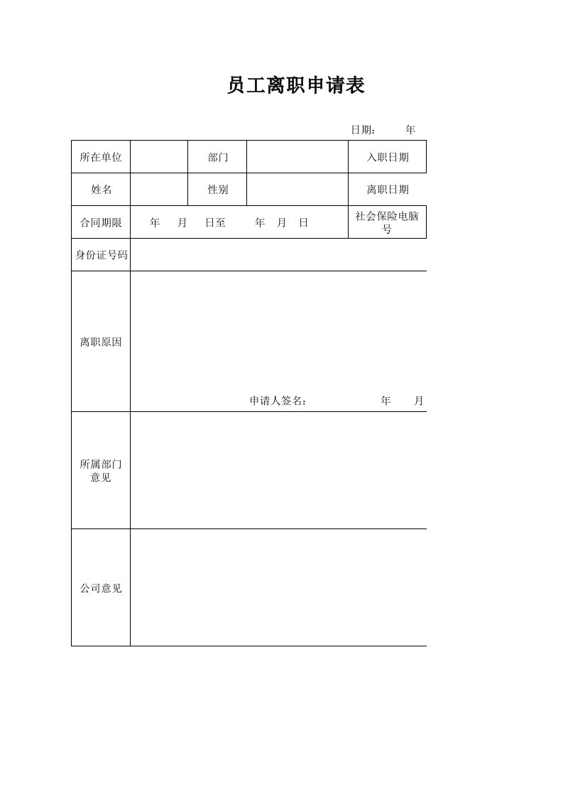 员工离职申请表