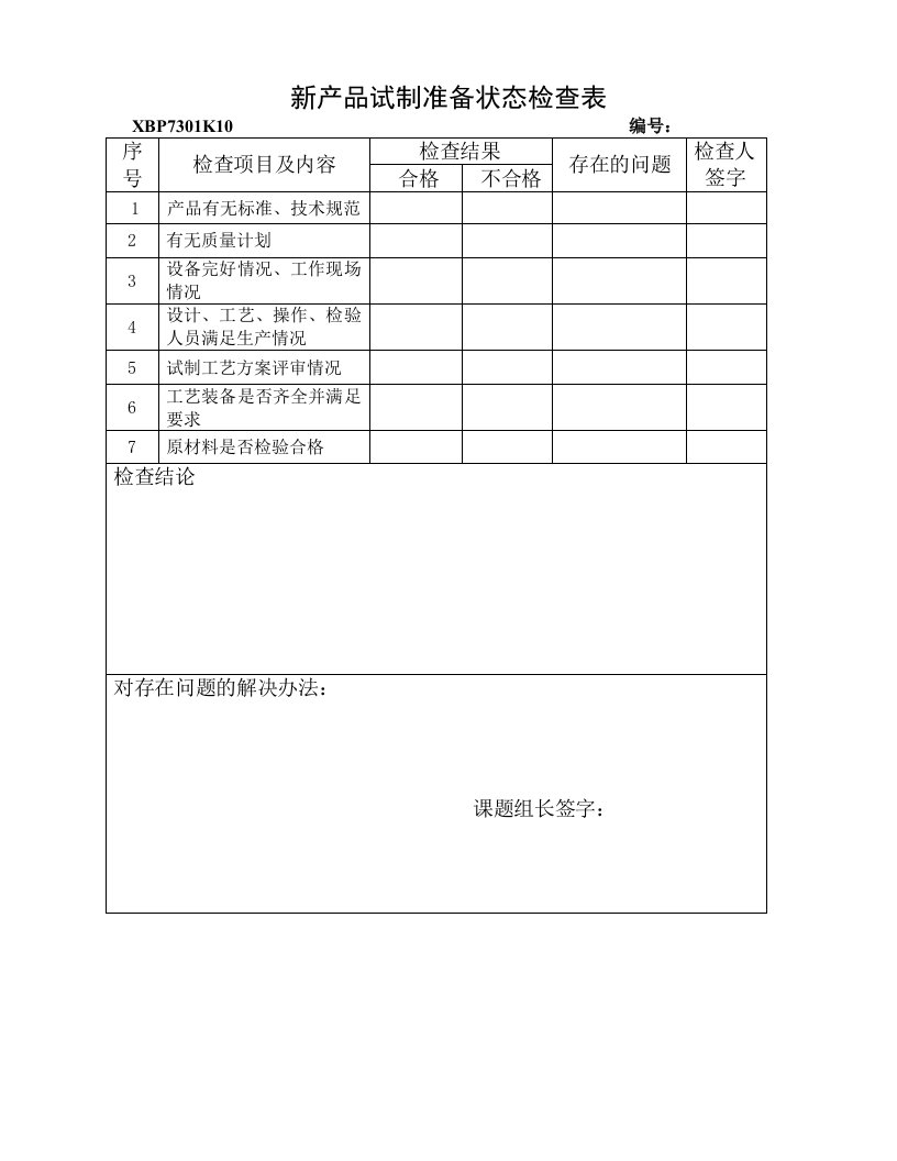 新产品试制准备状态检查表