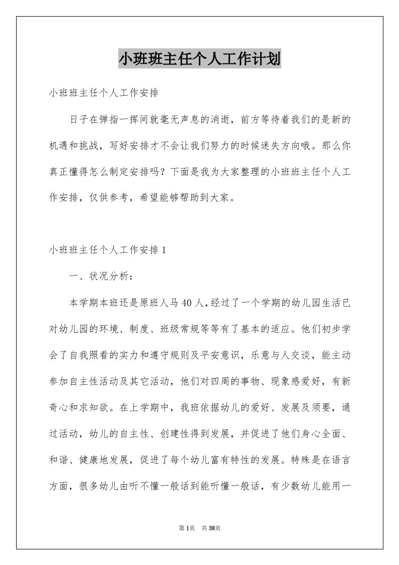 小班班主任个人工作计划精选