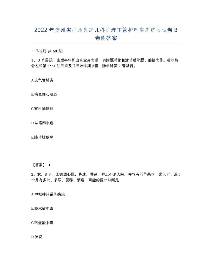 2022年贵州省护师类之儿科护理主管护师题库练习试卷B卷附答案