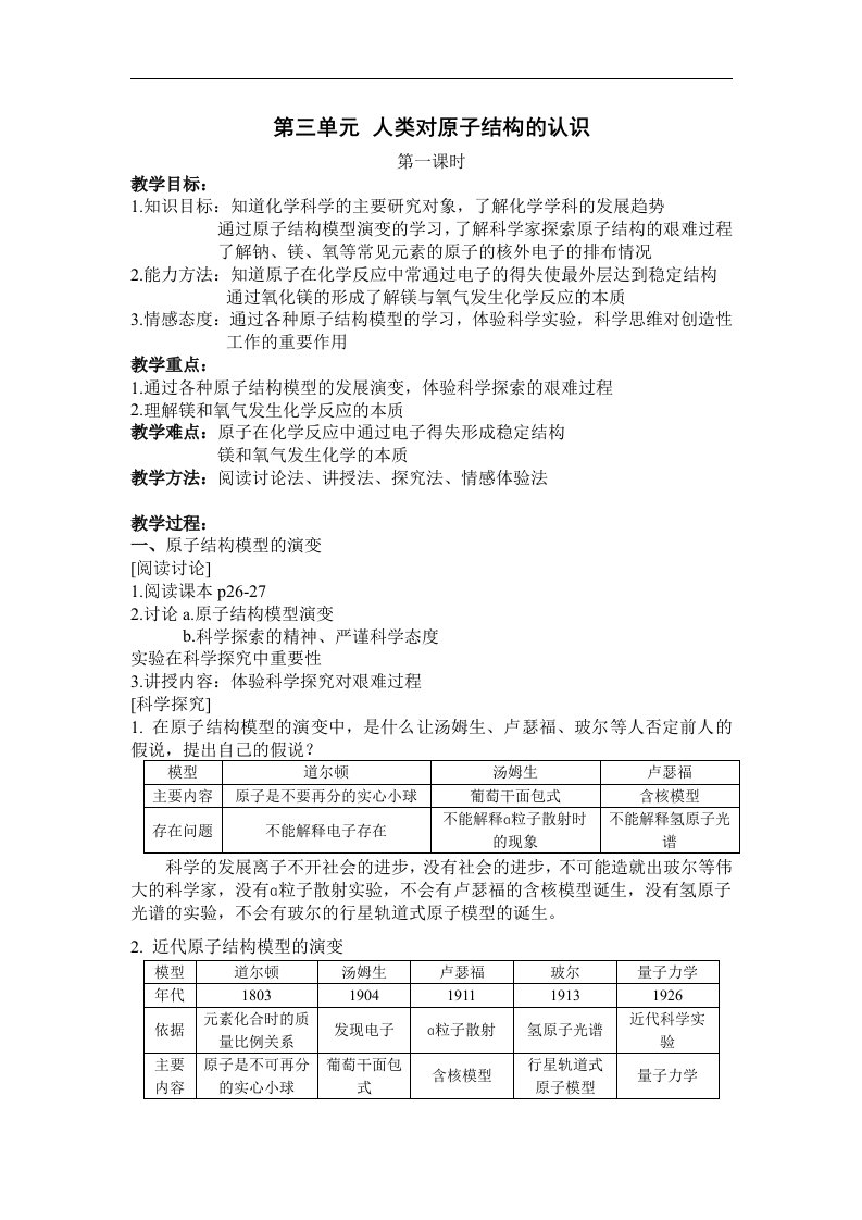 苏教版化学必修1高中《人类对原子结构的认识》