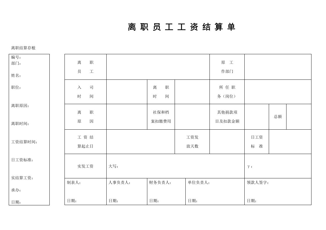 最新离职员工工资结算单