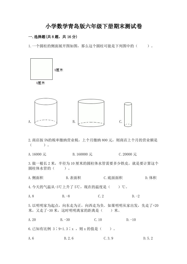 小学数学青岛版六年级下册期末测试卷（精练）