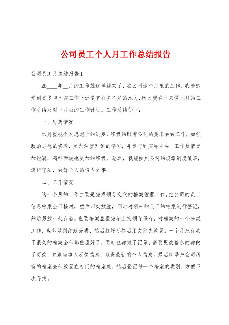 公司员工个人月工作总结报告