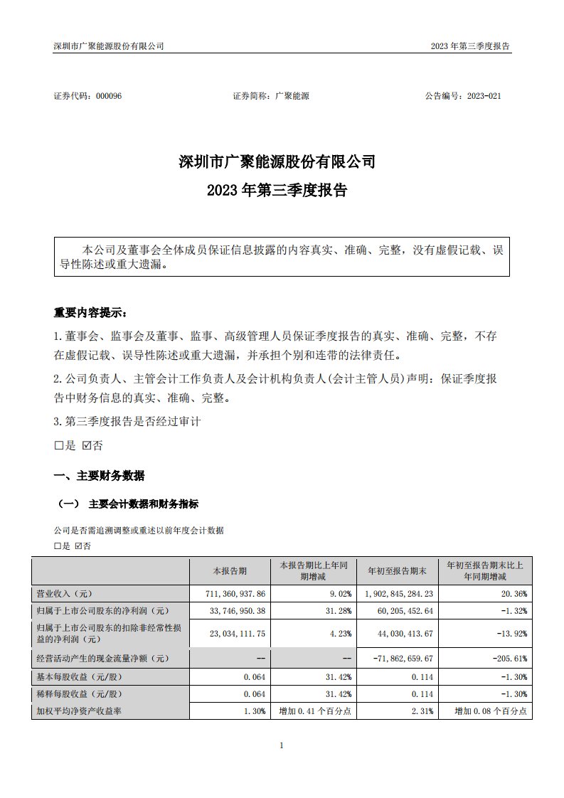 深交所-广聚能源：2023年三季度报告-20231031