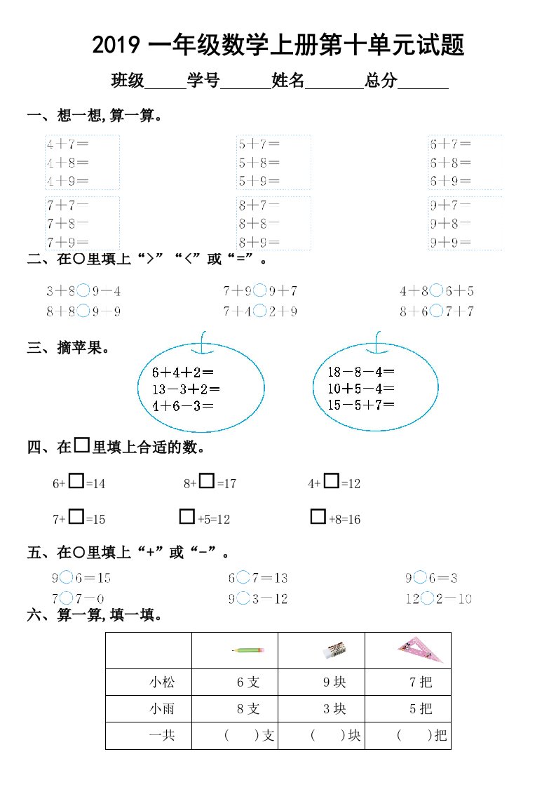 2019苏教版小学数学一年级上册第十单元《20以内的进位加法》测试卷1