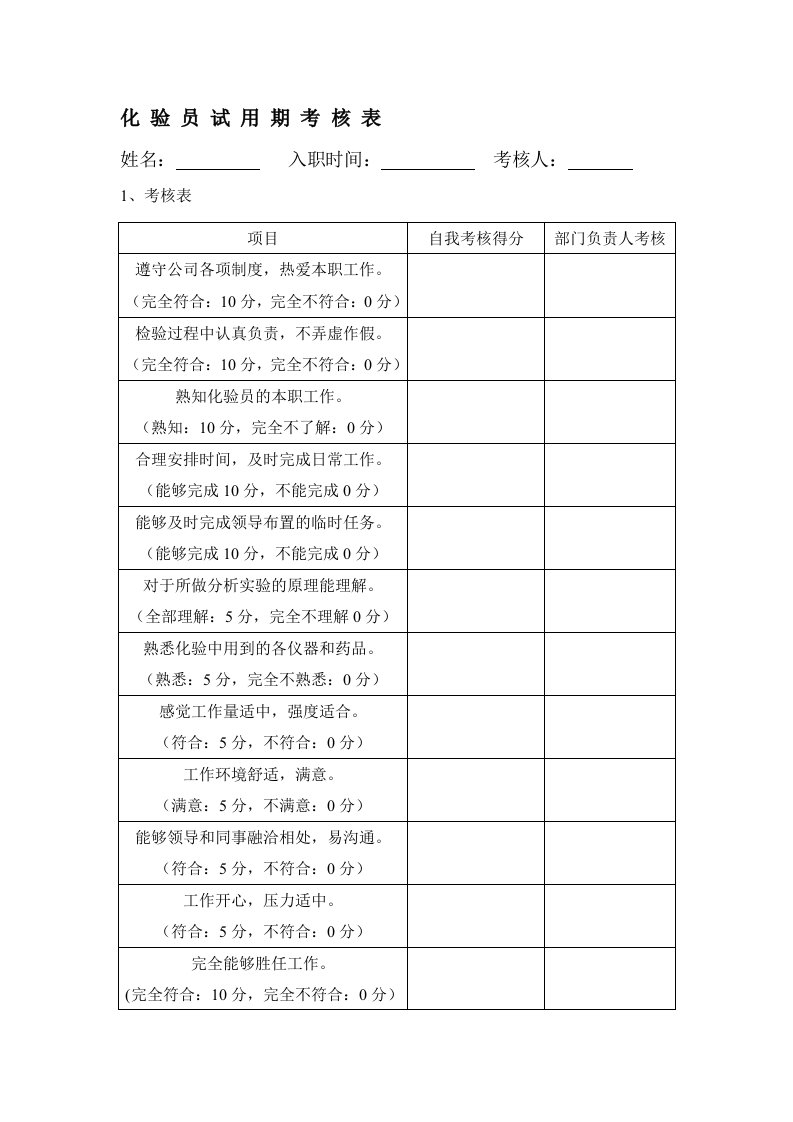 化验员试用期考核表