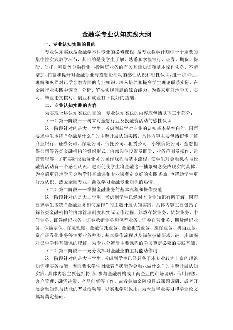 金融学专业认知实践大纲