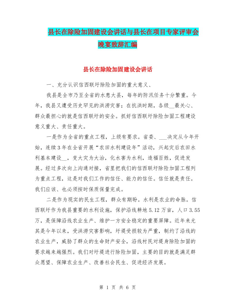 县长在除险加固建设会讲话与县长在项目专家评审会晚宴致辞汇编