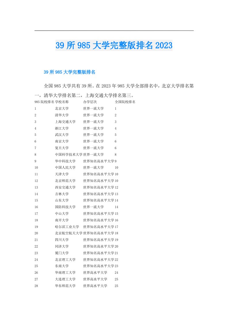 39所985大学完整版排名