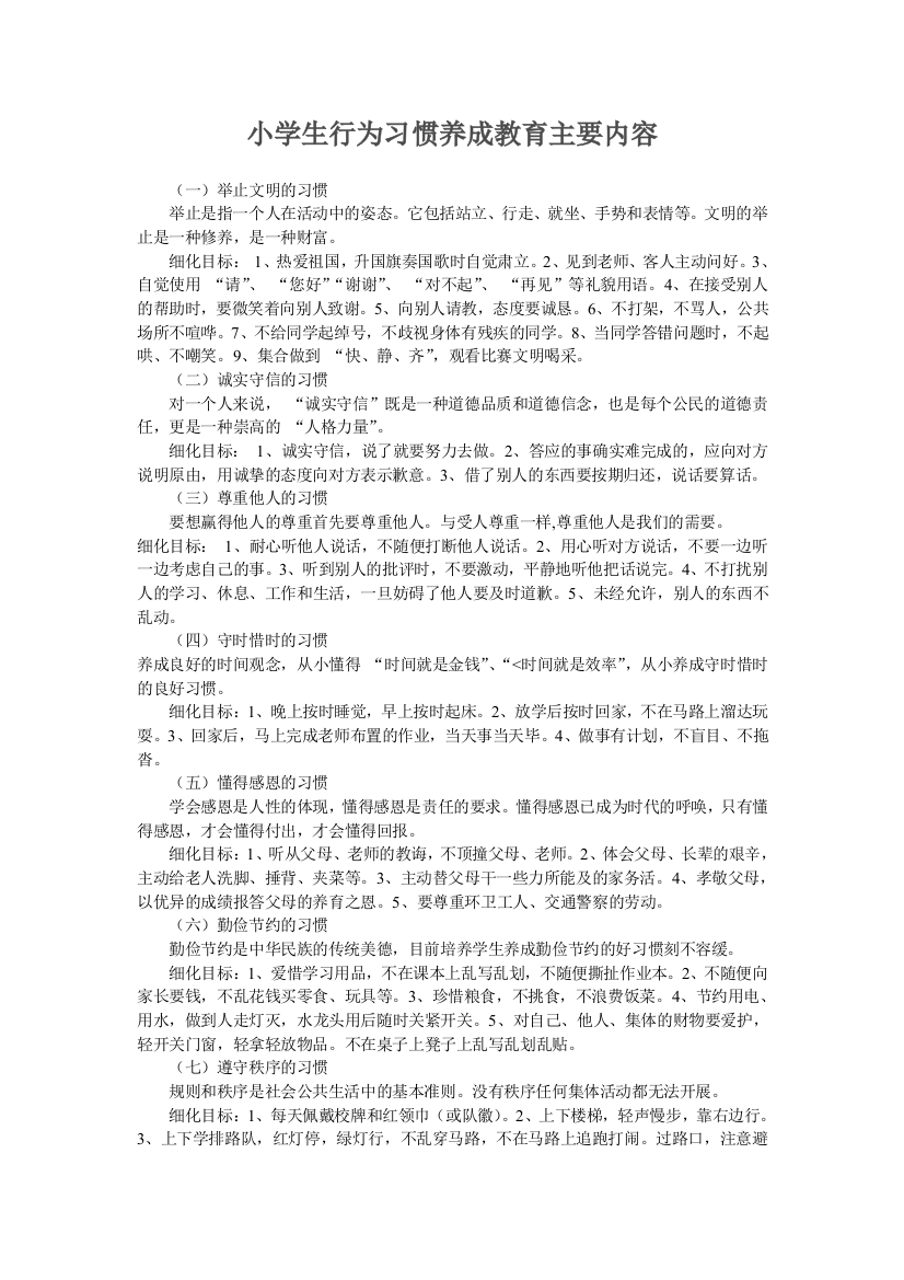 15小学生行为习惯养成教育主要内容