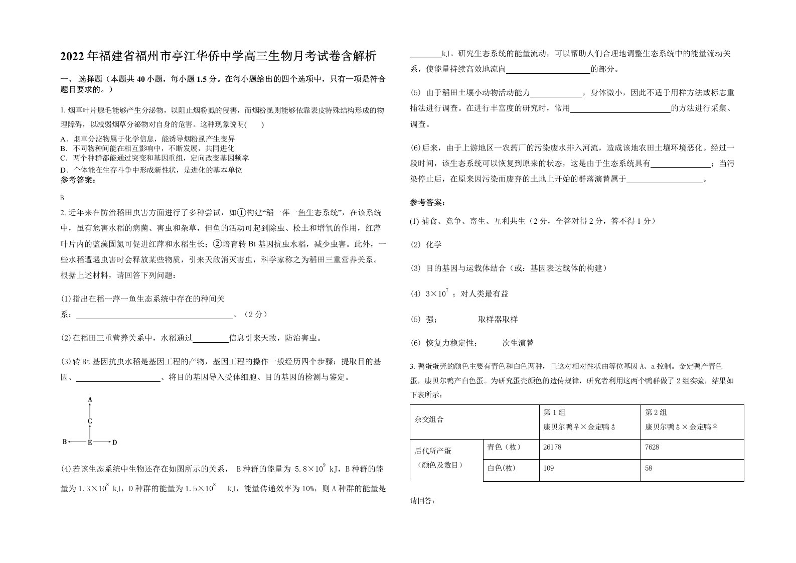 2022年福建省福州市亭江华侨中学高三生物月考试卷含解析