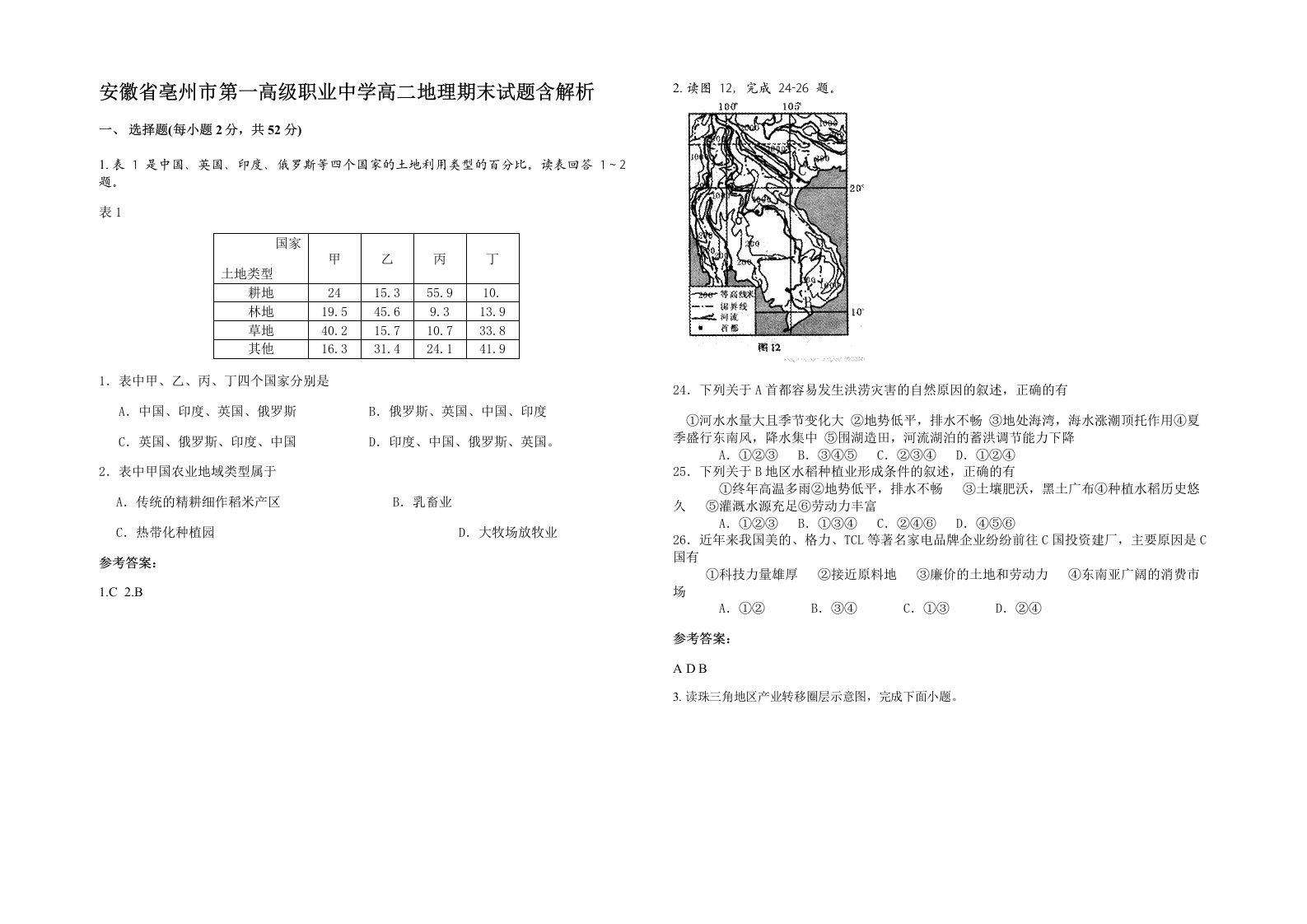 安徽省亳州市第一高级职业中学高二地理期末试题含解析