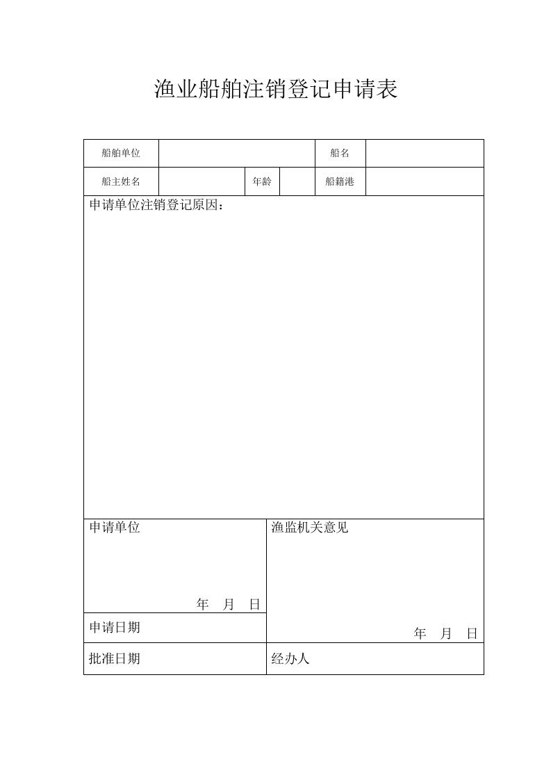 渔业船舶注销登记申请表