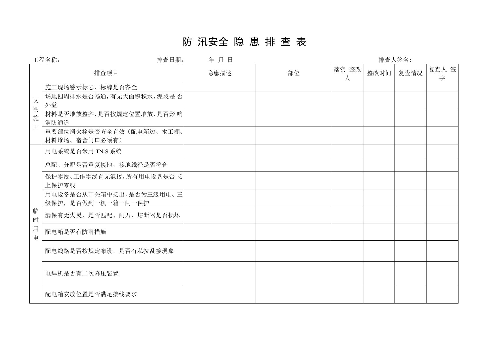 项目施工现场防汛隐患排查表