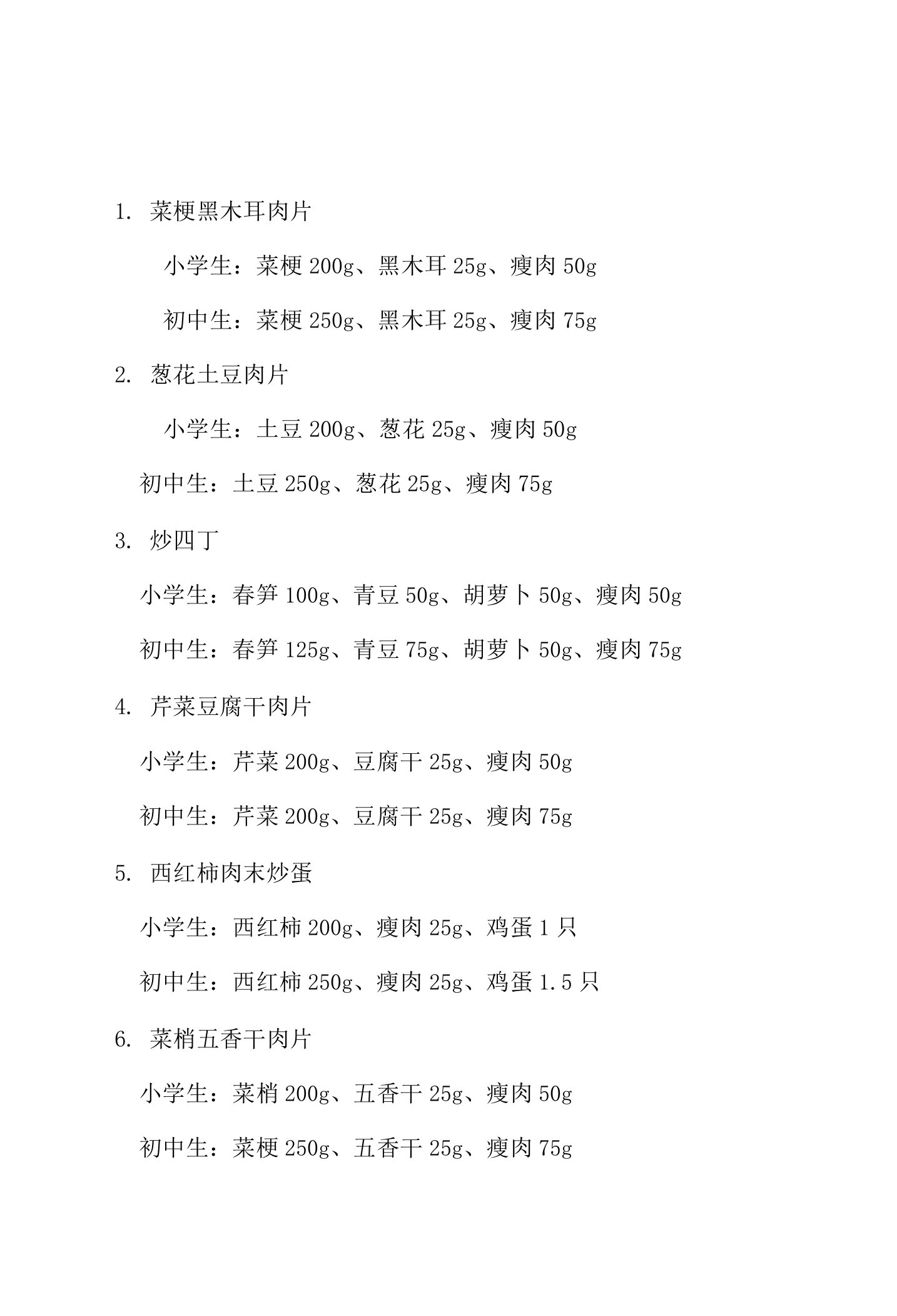 中小学生营养餐春季标准菜谱