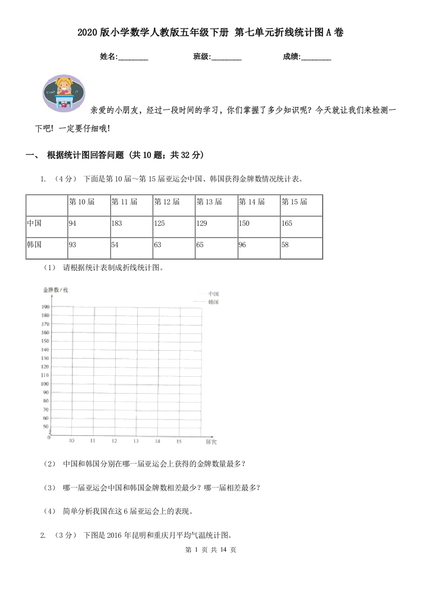 2020版小学数学人教版五年级下册-第七单元折线统计图A卷