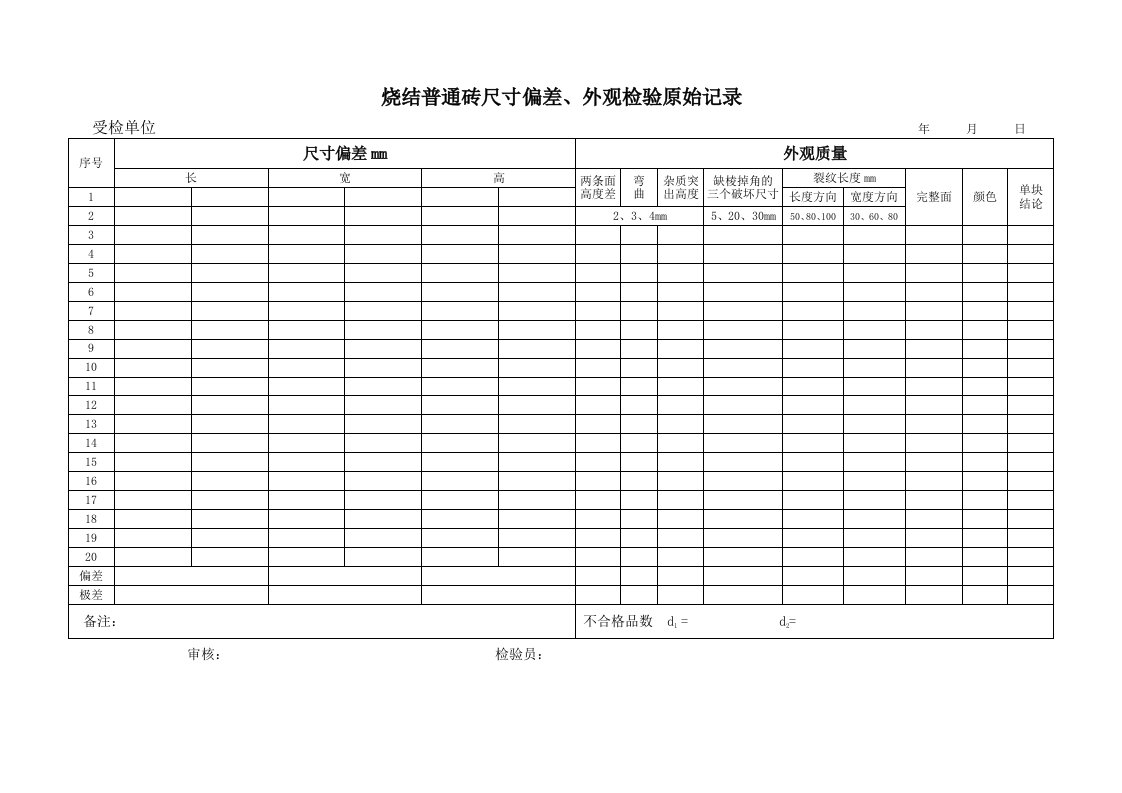 烧结普通砖外观检验原始记录