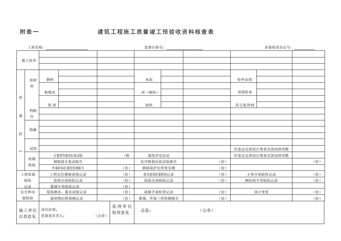 施工质量竣工预验收资料核查表